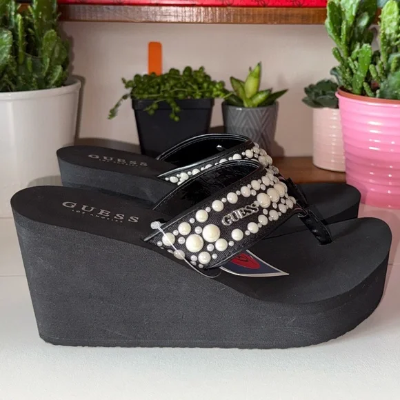 Guess Black Platform Wedge Sandals - Picture 2 of 15